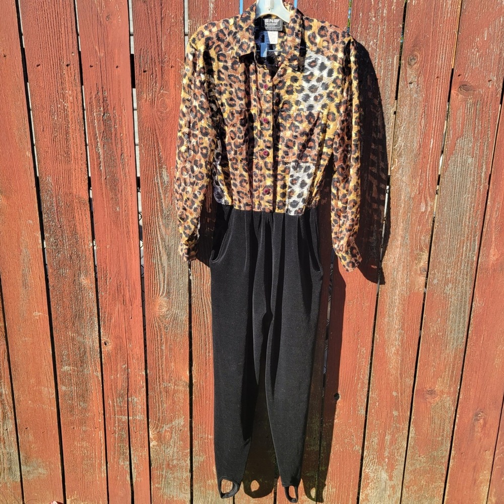 Vintage 80s PG Collections Leopard Print Stirrup Jumpsuit Belted Metallic Size 6